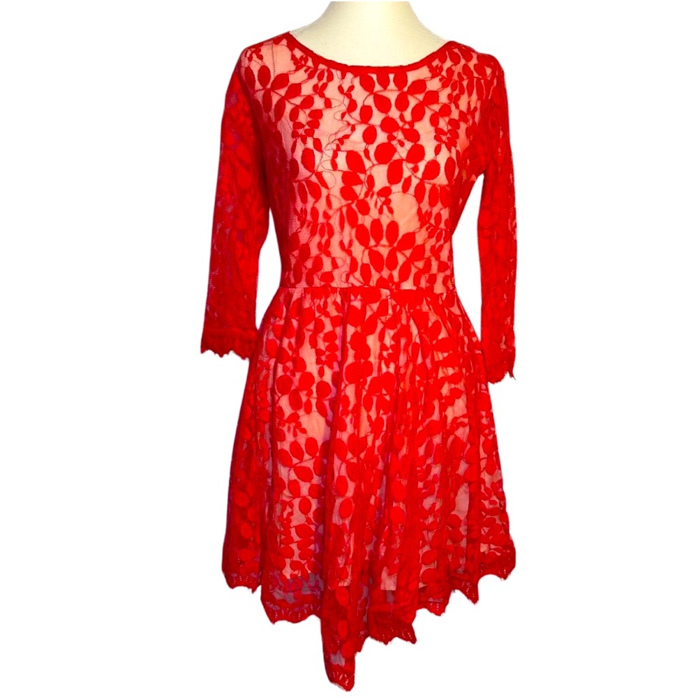 Free People Cottagecore Boho Chic Red Floral Sheer Lace Dress - Size 6